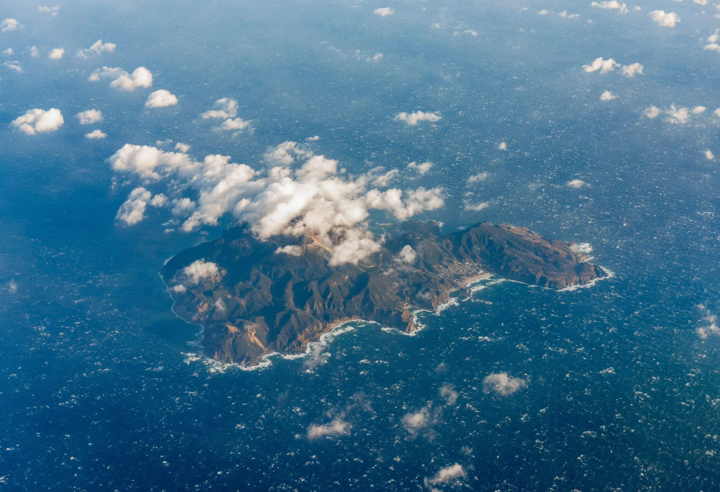 Aerial view of Kozushima Island in the morning, Tokyo, Japan.