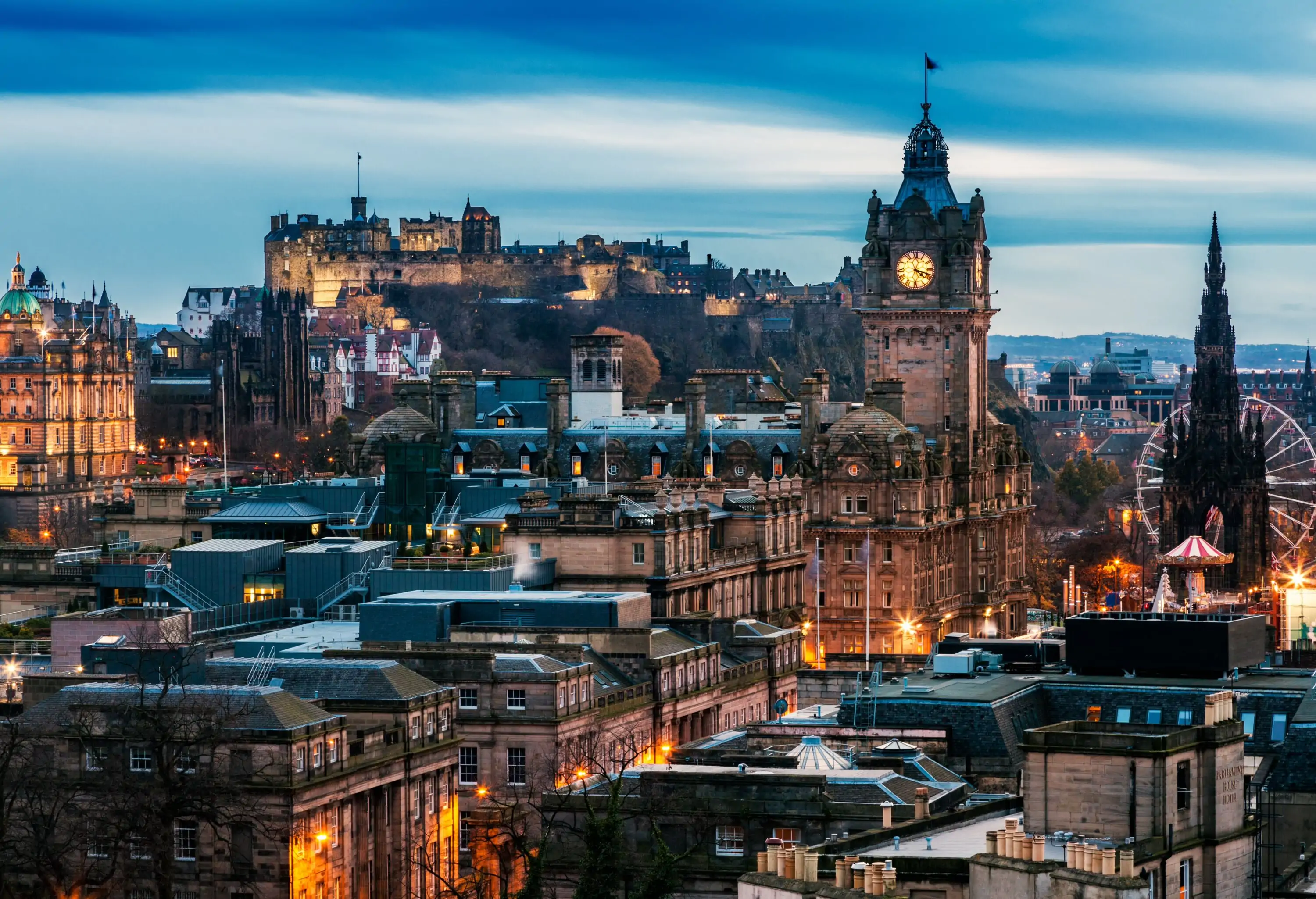A view over Edinburgh starting from the the Georgian New Town and leading on to the Medieval Old Town.