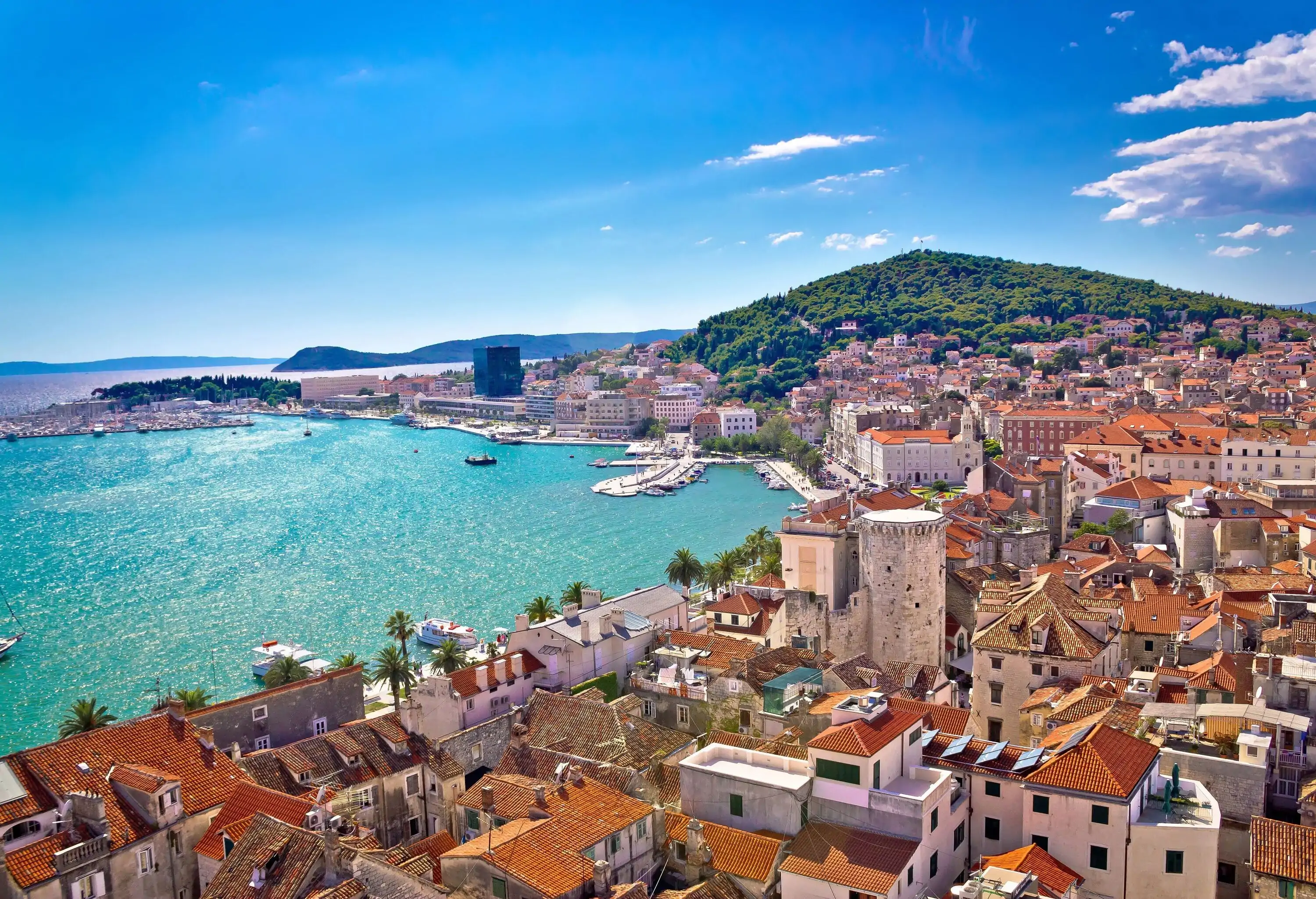 Split waterfront and Marjan hill aerial view, Dalmatia, Croatia