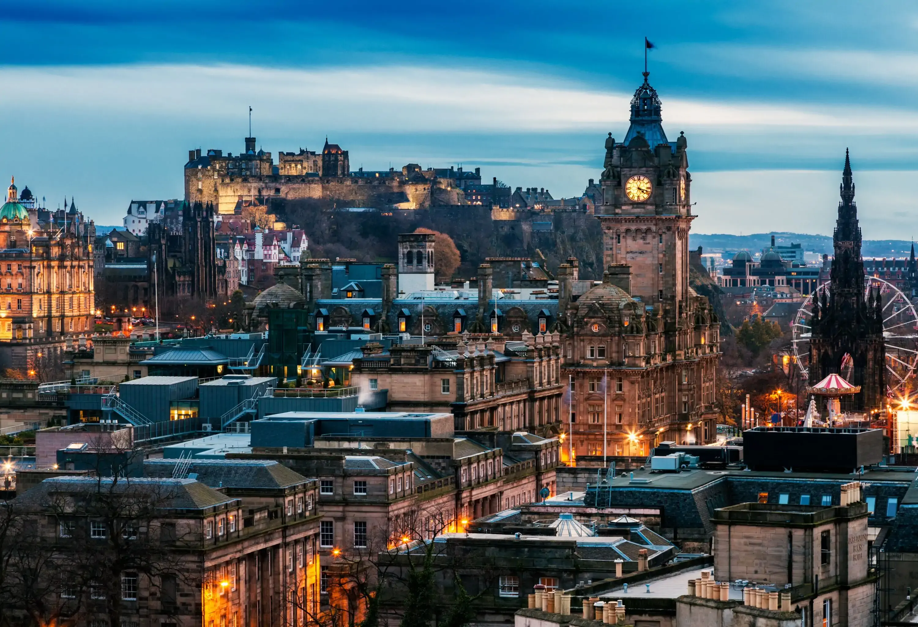 A view over Edinburgh starting from the the Georgian New Town and leading on to the Medieval Old Town.